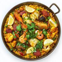 A close-up of a Spanish paella, transformed with the vibrant colors and flavours of Moroccan cuisine, featuring saffron-infused rice, seafood, chicken, chorizo, and an array of Moroccan spices, such as cumin, turmeric, and ginger, garnished with fresh cil photo
