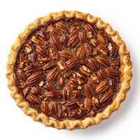 A freshly baked pecan pie with a caramelized, nutty topping and a buttery, flaky crust. The glossy pecans are arranged beautifully on the surface, making for a stunning holiday dessert. Isolated on clean white background photo