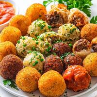 A vibrant platter of assorted arancini, featuring various types of crispy fried rice balls, filled with different ingredients, such as meat ragu, mozzarella cheese, peas, saffron rice, and mushroom and truffle ragu, arranged attractively on a serving plat photo