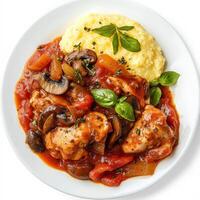 A plate of chicken cacciatore, featuring chicken braised in a rich tomato sauce with onions, peppers, mushrooms, and herbs, a flavorful and comforting Italian stew, served with a side of polenta, isolated on clean white background. photo