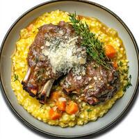 A plate of braised veal shank with saffron risotto alla Milanese, featuring tender veal shanks, braised slowly in a white wine sauce with vegetables, herbs, and a hint of saffron, served over a bed of creamy saffron risotto, cooked to perfection with butt photo