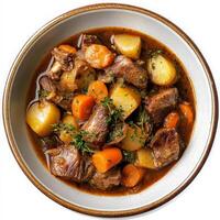 A plate of navarin d'agneau, a rich lamb stew, with lamb shoulder, root vegetables, such as carrots, potatoes, and turnips, and herbs, simmered until tender and flavorful, served in a rustic bowl, showcasing the hearty and comforting flavors, isolated on photo