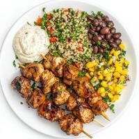A plate of Greek souvlaki, reimagined with the bold spices and vibrant colors of Peruvian cuisine, featuring grilled skewers of chicken or pork, served with anticucho sauce, aji amarillo aioli, and a side of quinoa salad with black beans and corn, a uniqu photo