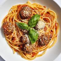 A plate of spaghetti alla chitarra con polpette, featuring square-shaped spaghetti made on a guitar-like tool, tossed with a simple yet flavorful tomato sauce, and served with tender meatballs made from beef, pork, breadcrumbs, herbs, and parmesan cheese, photo