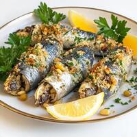 A plate of sarde a beccafico, featuring fresh sardines, stuffed with a flavorful mixture of breadcrumbs, pine nuts, currants, parsley, and orange zest, rolled up and baked with bay leaves and white wine, resulting in a unique and delicious seafood dish, c photo