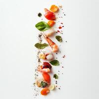 A line of different types of seafood arranged in a circle photo