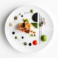 A plate with food on it and a black and white design photo