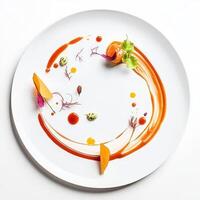 A plate with a circular design of food on it photo