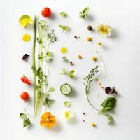 A variety of vegetables arranged in a square on a white surface photo