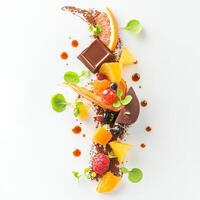 A plate with chocolate, fruit and other ingredients photo