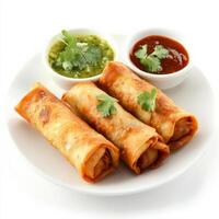Chicken and vegetable spring rolls with sauce on white background photo