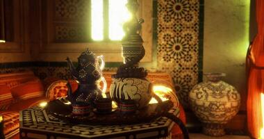 CGI Intricate decorations and tea set create a cozy atmosphere in a vibrant room video