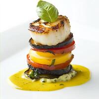 A plate with a stack of vegetables and a garnish photo