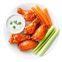 Buffalo wings with celery and carrots on a white plate photo