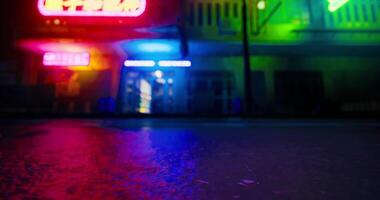 CGI Vibrant neon lights illuminate a quiet street during late evening hours video