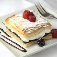 A pastry with berries and cream on a white plate photo