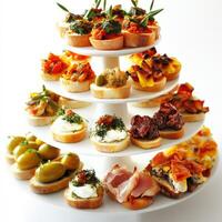 A three tiered stand with appetizers on it photo