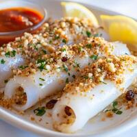 A plate with three stuffed squid rolls with a sauce photo