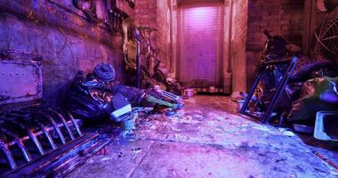 CGI Abandoned alley with scattered garbage and dim neon lights at night video