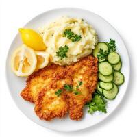 A plate with chicken schnitzel, mashed potatoes and cucumbers photo