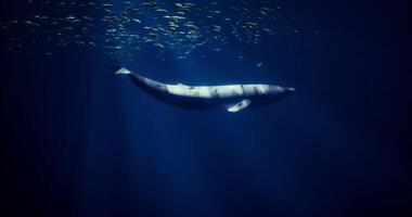 CGI Majestic whale gliding through sunlight beams in deep ocean waters video