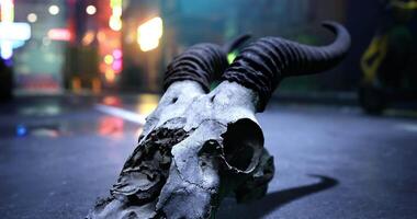 CGI Dark urban setting with ram skull on the ground at night video