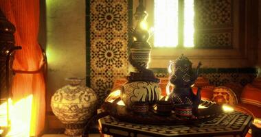 CGI Traditional tea set displayed in a cozy room adorned with intricate patterns video