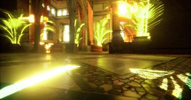 CGI Warm sunlight illuminates ornate interior with lush greenery in serene setting video