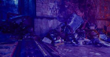 CGI Urban alleyway filled with colorful shadows and scattered debris at night video