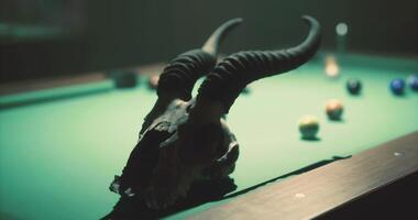 CGI Skull with horns on a pool table surrounded by colorful billiard balls video