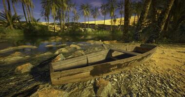CGI Tranquil wooden boat on the shores of an oasis surrounded by palm trees video
