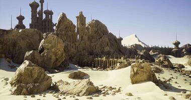 CGI Sandstone structures rise majestically against the blue sky in desert landscape video