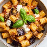 A bowl of pasta with cheese and vegetables photo