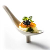 A spoon with a dish of food on it photo
