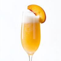A glass of orange juice with a peach slice photo