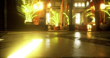 CGI Light beams illuminating a vibrant indoor space with decorative plants video