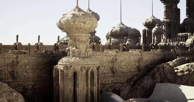 CGI Majestic ancient architecture in a desolate landscape illuminated by sunlight video