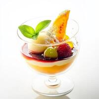 A dessert with fruit and ice cream in a glass photo
