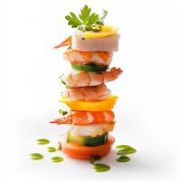 A stack of shrimp, vegetables and lemon on a white background photo