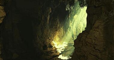 CGI Light filtering through rocks in a tranquil cavern at midday video