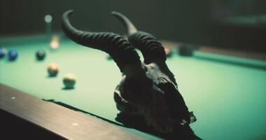 CGI Skull with horns on a green billiard table with colorful balls scattered video