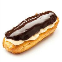 A pastry with chocolate and cream on a white surface photo