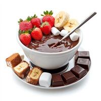 A bowl of chocolate pudding with strawberries and marshmallows photo