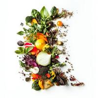 A pile of vegetables and fruits on a white background photo