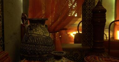 CGI Traditional decorative pottery and textiles in a warm, inviting space video