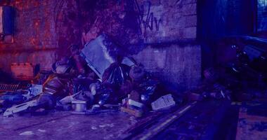 CGI Urban alley filled with trash and debris at night with colorful lighting video