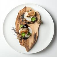 A plate with food on it and a wooden board photo