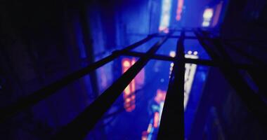 CGI Nighttime cityscape view with neon lights and shadows from a railing video