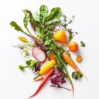 Fresh vegetables on white background, top view photo