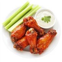 Chicken wings with ranch dip and celery on a white plate photo